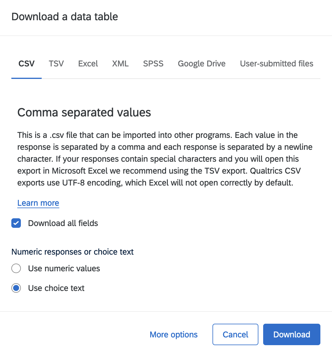 Use the default options in the pop-up download options menu